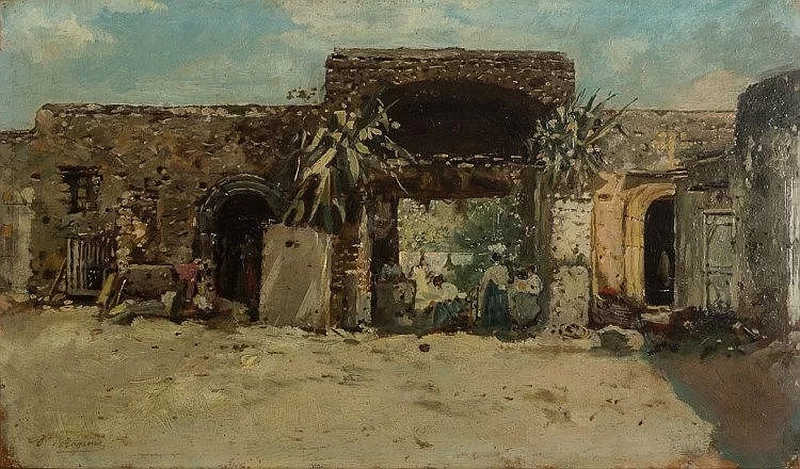 Cortile rustico con donne al lavoro